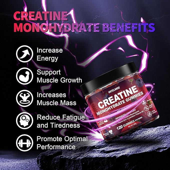 Creatine Monohydrate Gummies 8000 mg for Men & Women, Creatine Supplement for Enhanced Muscle Growth, Energy Boost - with L-Taurine, Sugar Free, Vegan, Raspberry BlackBerry Blueberry Flavor-120 Count