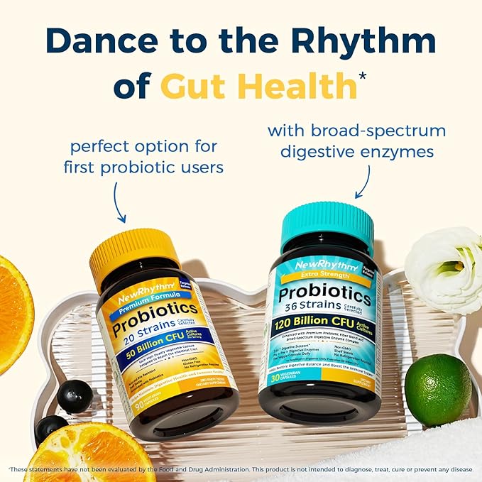 NewRhythm Probiotics 50 Billion CFU 20 Strains, 90 Veggie Capsules, Targeted Release Technology, Stomach Acid Resistant, No Need for Refrigeration, Non-GMO, Gluten Free