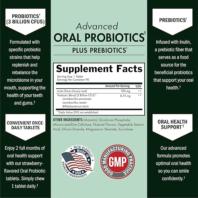 Oral Probiotics Supplement with Prebiotics - Supports Healthy Teeth Gums Mouth and Fresh Odorless Breath for Adults - Strawberry Flavored Chewable Dental Probiotic (90 Tablets, 90 Day Supply)