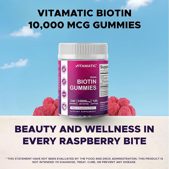 Vitamatic Biotin Gummies 10,000 mcg for Stronger Hair, Skin & Nails - 240 Vegan Gummies - Also Called Vitamin B7