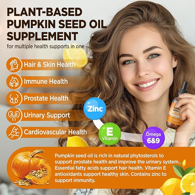 Pumpkin Seed Oil - DHT Blocker for Men Women Hair Growth, Organic Pumpkin Seed Extract with Saw Palmetto for Prostate & Urinary Health, Cold Pressed Supplements Liquid Drops, Lemon, Vegan, 2 Fl Oz
