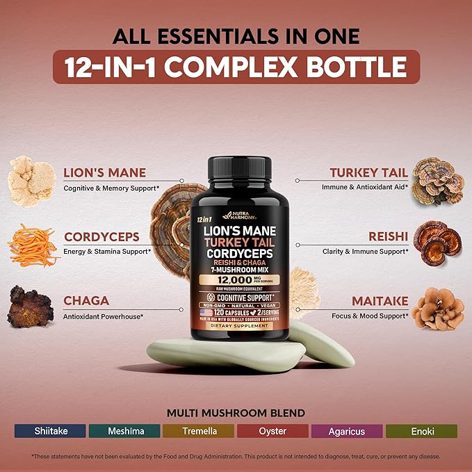 Mushroom Supplement - Organic Lions Mane | Turkey Tail | Chaga | Cordyceps | Reishi | Maitake | Shiitake | Meshima | Tremella | Oyster | Agaricus - Made in USA - Non GMO, Gluten Free - 120 Capsules