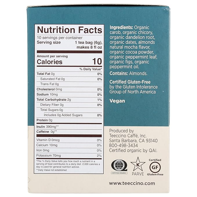 Teeccino Dandelion Root Tea - Mocha Mint - Caffeine Free, Roasted Herbal Tea with Prebiotics, 3x More Herbs than Regular Tea Bags, Gluten Free - 10 Tea Bags (Pack of 4)