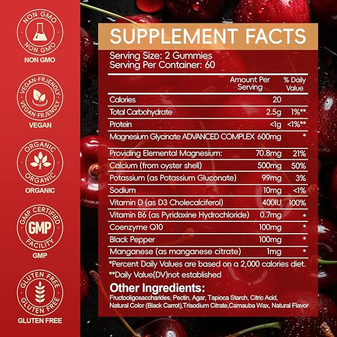 Magnesium Glycinate Gummies 600mg for Women and Men, High Absorption Magnesium Glycinate with Vitamin D, B6, and CoQ10 for Calm Support & Sleep, Sugar Free, Vegan, 120 Count