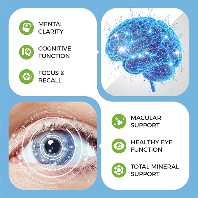2 Pack Eye + Brain Supplements for Memory and Focus, Lutein 40mg, Zeaxanthin, Astaxanthin, Bilberry, Lion’s Mane, Bacopa Monnieri, Ginkgo Biloba, 14 in 1 Eye Vitamins for Adults & Seniors 240 Capsules