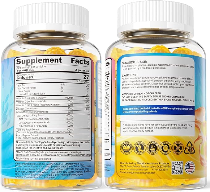 Vegan Omega-3 Gummies 1000mg + Turmeric - Omega 3 Fish Oil Alternative for Adults - Algae DHA 600mg & EPA 300mg, Vitamins A, C, E, Zinc & MSM, Sugar Free, 120 Cts