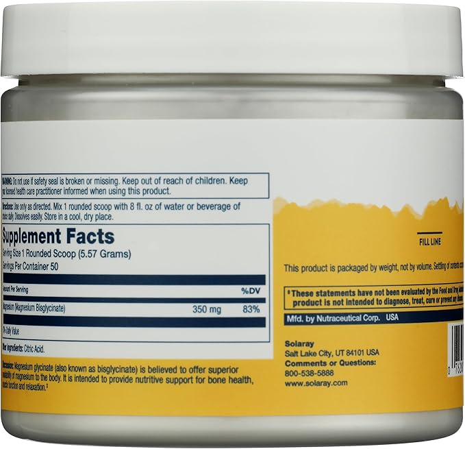 SOLARAY Magnesium Glycinate Powder 350 mg - Unflavored Magnesium Powder - Magnesium Supplement for Bone, Muscle, and Relaxation Support - Vegan, Non-GMO, 60-Day Guarantee - 50 Servings, 6 OZ