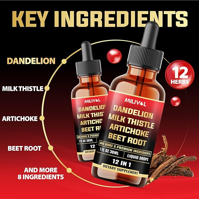 12in1 Dandelion Root Liquid Extract with Milk Thistle, Artichoke Extract, Turmeric, Beet Root, N-Acetyl Cysteine and 6 More Herbals - 1 Fl Oz - 60 Days Supply