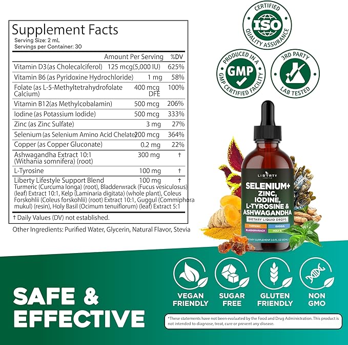 Thyroid Support Drops - Selenium, Zinc, Iodine, L Tyrosine, Ashwagandha, Turmeric, Schisandra Guggul, Cayenne, Basil - Liquid Supplement Folate Copper Alcohol -Free, Vegan, Non-GMO – 2 oz