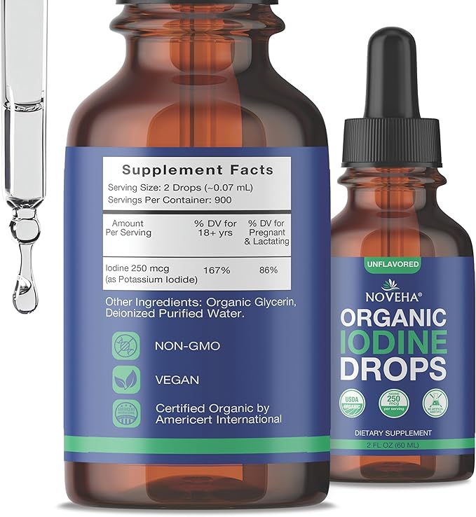 NOVEHA Organic Iodine Drops for Thyroid Health & Metabolism Support - Potassium Iodide Liquid Supplement, 250 mcg per Serving, USDA Organic, Vegan, Non-GMO, Gluten-Free | 30-Month Supply - 2 Fl Oz