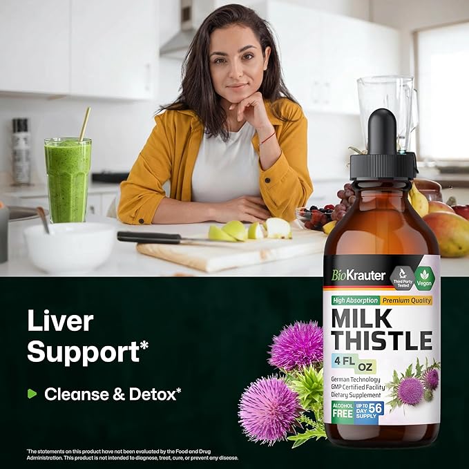 BIO KRAUTER® Milk Thistle Supplement - Liquid Pure Vegan Milk Thistle Extract 680 mg per Serving 4 Fl.Oz 56 Days of Supply - Liver Cleanse & Detox, Сontains Silymarin - Alcohol & Sugar Free