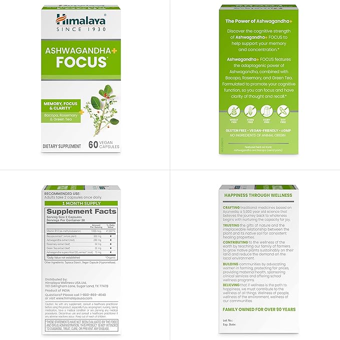 Himalaya Ashwagandha+ Focus - Herbal Focus Supplement with B12, Rosemary, Green Tea, and Bacopa Nootropics for Memory and Clarity - Vegan, Non-GMO, Gluten Free, 1690 mg, 60 Caplets