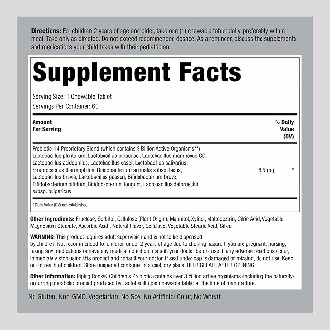 Piping Rock Children's Probiotic Chewable Tablets 14 Strains | 3 Billion CFU | 60 Count | Supplement Blend for Kids | Berry Flavor | Vegetarian, Non-GMO, Gluten Free