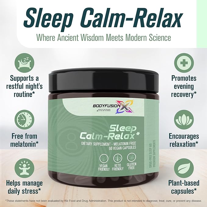 BodyFusionX Sleep Aid for Adults – Melatonin Free Nighttime Stress Support for Deep Rest & Next Day Energy – Ashwagandha KSM-66, L-Theanine & Lemon Balm – 60 Capsules