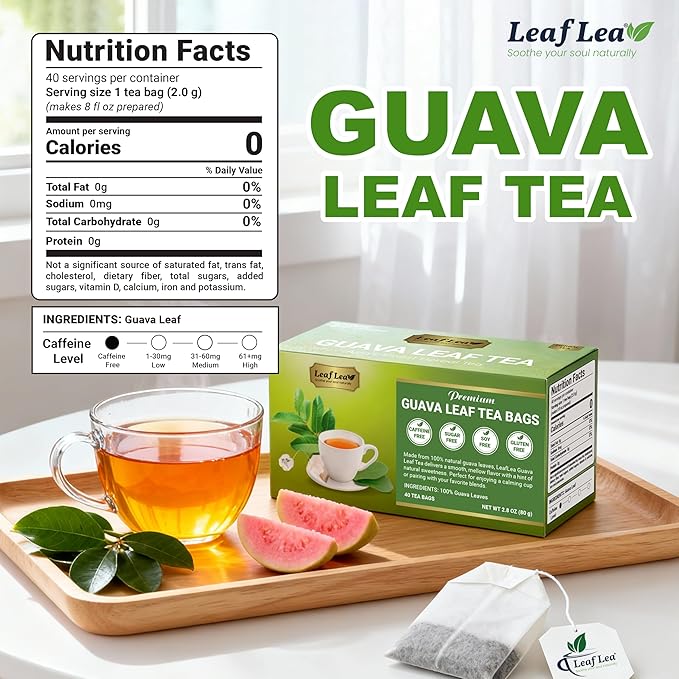 LeafLea Guava Leaf Tea, 80 Fresh-Sealed Tea Bags, Herbal Tea Made from Natural Guava Leaves (Hojas de Guayaba), Digestive Support & Immune Balance, Caffeine-Free, Sugar-Free, Pack of 2