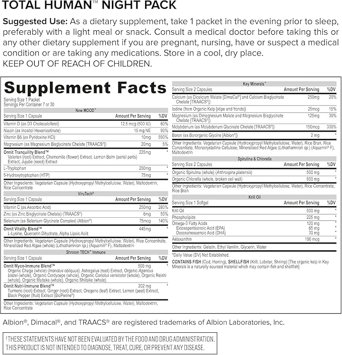 ONNIT Total Human Adult Multivitamin Comprehensive Capsule Packs with Day and Night Support, Daily Vitamin Packs for Men and Women, Dietary Supplement Capsules, 30-Day Supply, 60 Packs