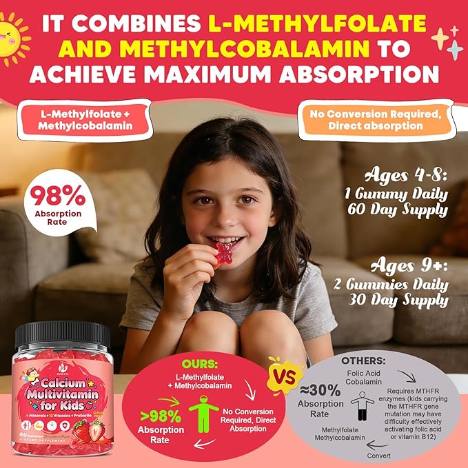 Sugar Free Calcium Multivitamin Gummies for Kids with Methyl B12 & Methylfolate, Calcium, Vitamins C, D, A, B1, B2, B6, Biotin, Magnesium, Zinc, with Nutritional, Immune, Bone Support, 60 Ct
