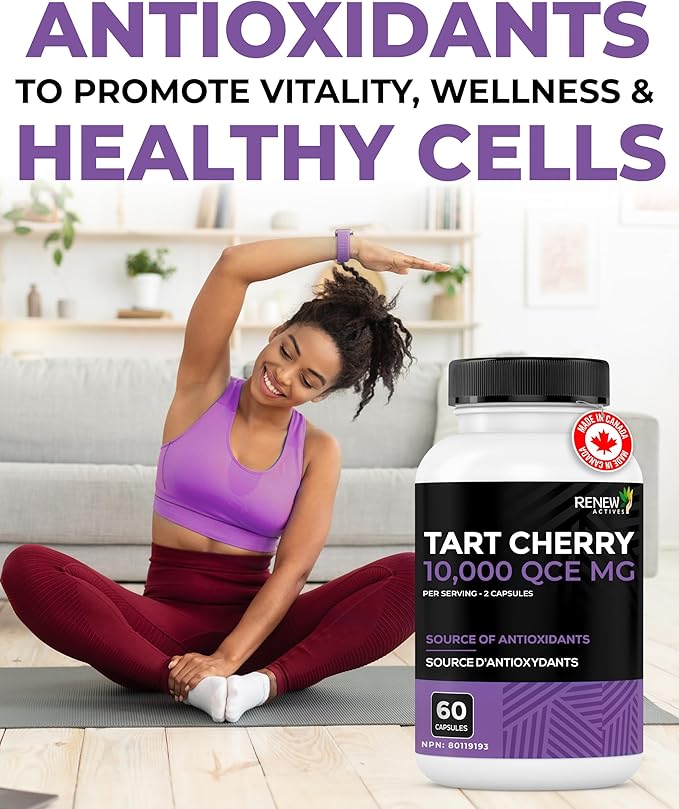 Renew Actives Tart Cherry Extra 500mg per 2 Capsules – High-Potency Antioxidant for Free Radical Protection & Wellness – 60 Easy-to-Swallow Capsules – Made in Canada