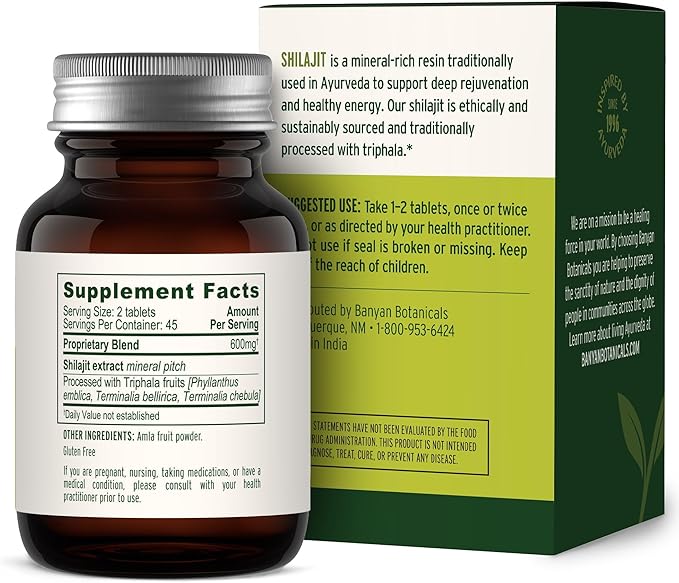 Banyan Botanicals Organic Shilajit – Pure Himalayan Mineral Pitch Supplement – Natural Source of Fulvic Acid & Trace Minerals for Energy, Detox & Healthy Aging – 90 Tablets – Sustainably Sourced