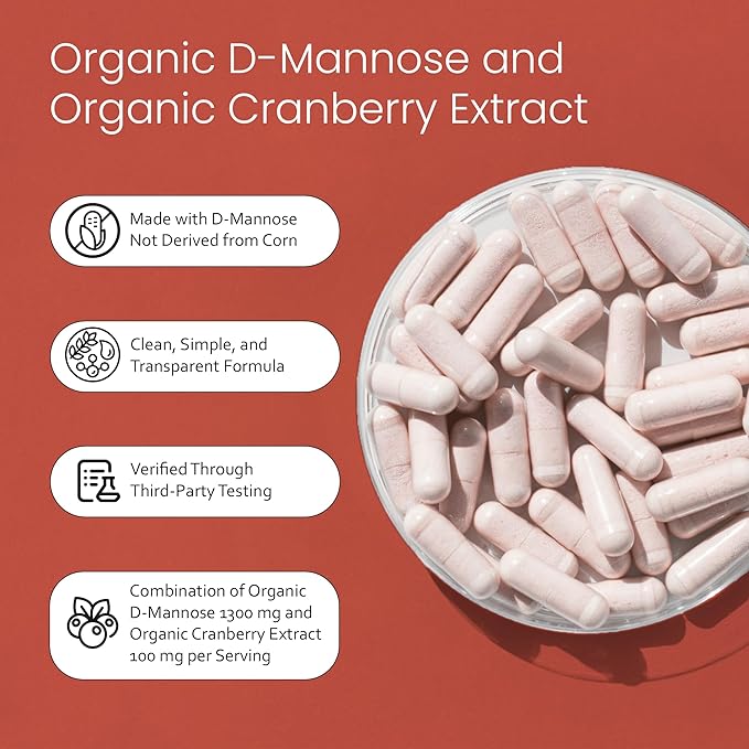 NaturaLife Labs Organic D-Mannose 1300 mg with Organic Cranberry Extract 100 mg per Serving – 100 Capsules – Non-GMO, Gluten-Free, Vegan (2 Pack)