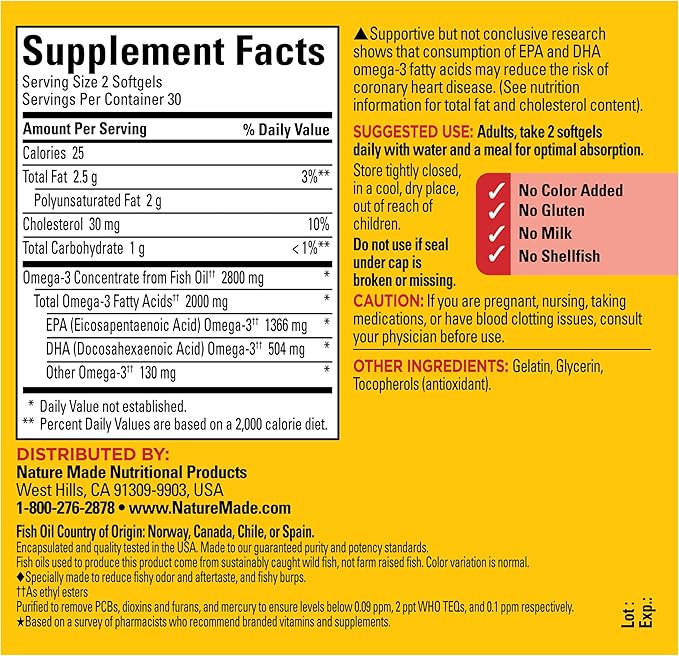 Nature Made Extra Strength Omega 3 Fish Oil Supplements, 2800mg, Fish Oil Omega 3 Supplements as Ethyl Esters for Healthy Heart, Brain, Eyes, Mood Support, 60 Softgels, 30 Day Supply