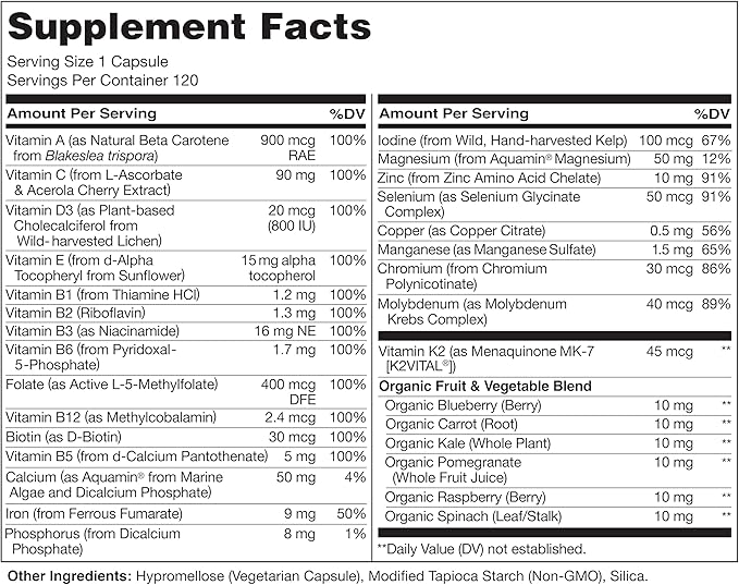 NATURELO One Daily Multivitamin for Women w/Vitamin B12, 120 Ct, Energy Support, Whole Food Daily Women Multivitamin Supplement, Nourish Hair/Skin/Nail, Non-GMO, No Soy, Gluten Free, 4 Month Supply
