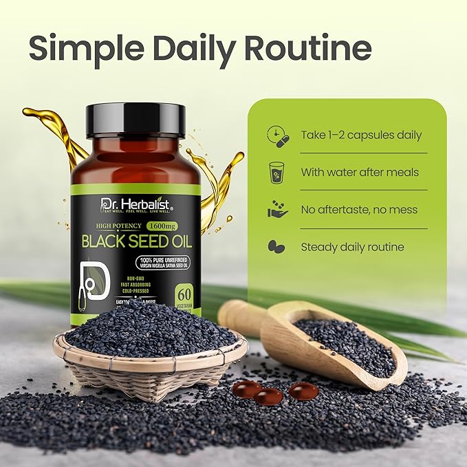 Dr. HERBALIST Black Seed Oil Capsules 1600mg - Cold Pressed Nigella Sativa Softgels with Thymoquinone | Supports Overall Wellness & Immune Vitality* | Halal, Non-GMO | 60ct