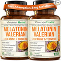 Melatonin 3mg Sleep Aid with L-Theanine & Valerian Root – Turmeric Curcumin Supplement with Ginger & Black Pepper – Organic Turmeric Supplement for Sleep, Calm and Stress Relief Support – 2 Pack