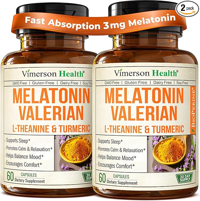 Melatonin 3mg Sleep Aid with L-Theanine & Valerian Root – Turmeric Curcumin Supplement with Ginger & Black Pepper – Organic Turmeric Supplement for Sleep, Calm and Stress Relief Support – 2 Pack