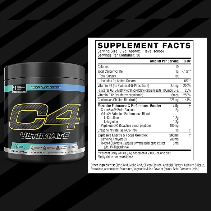 C4 Ultimate Pre Workout Powder - Sugar Free Preworkout Energy Supplement for Men & Women - 300mg Caffeine + TeaCrine + Dynamine + Creatine - Frozen Bombsicle, 20 Servings