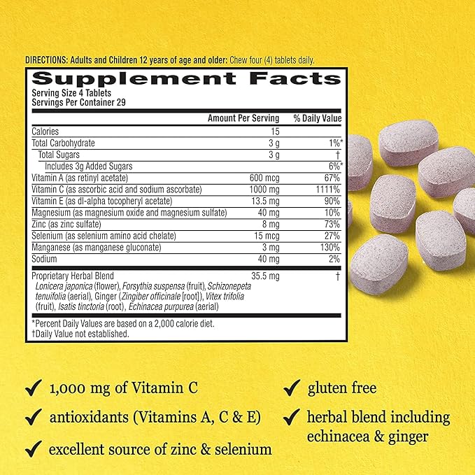 Airborne 1000mg Vitamin C + Zinc Immune Support Supplement Chewable Tablets, Very Berry & Citrus Flavor with Powerful Antioxidants Vitamins A C & E, 116 Chewable Tablets (Very Berry + Citrus)