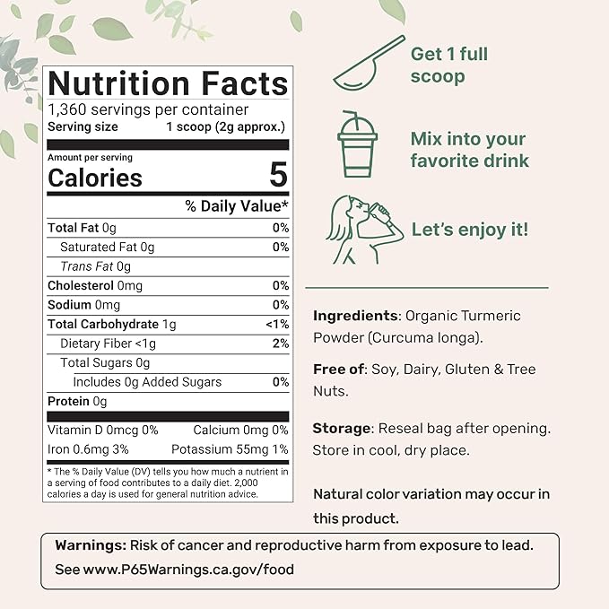 Organic Turmeric Powder, 5 Pounds | Rich in Active Curcumin | Pure Turmeric Supplement | Antioxidant Support for Joint & Immune Health | Non-GMO, Vegan Friendly, India Origin