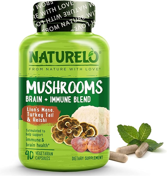 NATURELO Mushroom Supplement Capsules, 90 Ct, Brain & Immune Support, Vegan-Friendly, Lions Mane Supplement Capsules, Lion’s Mane, Reishi, Turkey Tail Blend