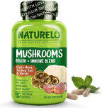 NATURELO Mushroom Supplement Capsules, 90 Ct, Brain & Immune Support, Vegan-Friendly, Lions Mane Supplement Capsules, Lion’s Mane, Reishi, Turkey Tail Blend