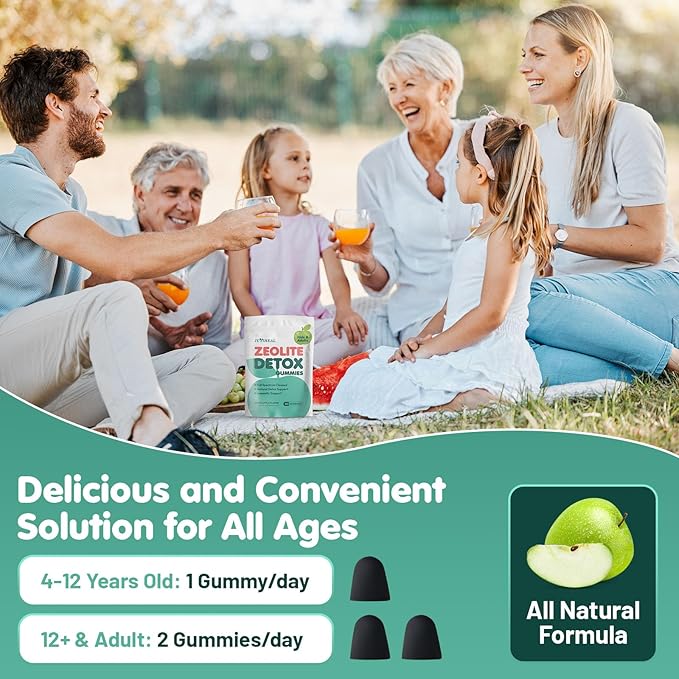 Zeolite Detox for Kids & Adults, 350mg Zeolite & 300mg Chlorella Detox Gummies Gentle Body Toxin Cleanse, 60 Gummies, Green Apple 2Pack