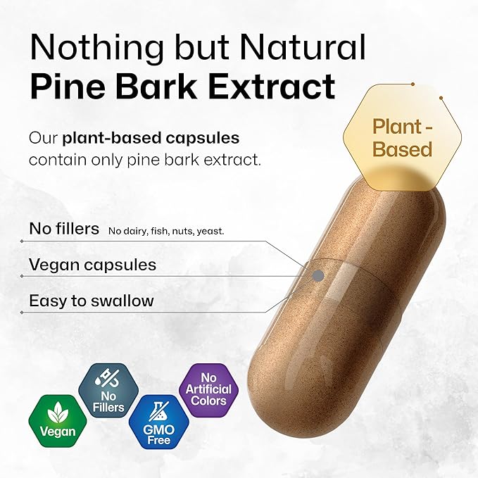 BIO KRAUTER® Pine Bark Extract for Circulatory & Antioxidant Support - Vegan French Maritime Pine Bark Herbal Supplements - Natural Antioxidants & Skin Support - 400 mg per Serving, 100 Сapsules
