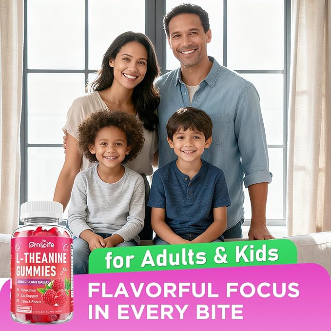L-Theanine Gummies for Kids & Adults, L'Theanine 400mg with Ashwagandha, GABA, 5HTP, L Theanine Supplement for Calm, Zzz & Relaxation Support, Raspberry Flavor, 60 Counts