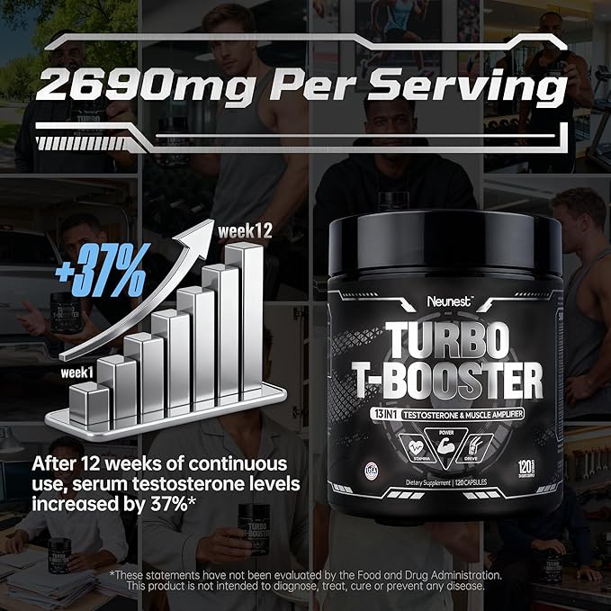 Turbo Testosterone Booster for Men, 13-in-1 Testosterone Supplement for Energy, Stamina & Muscle Complex with Tongkat Ali, KSM-66 Ashwagandha, Maca, Male Enhancing Supplement 120 Capsules
