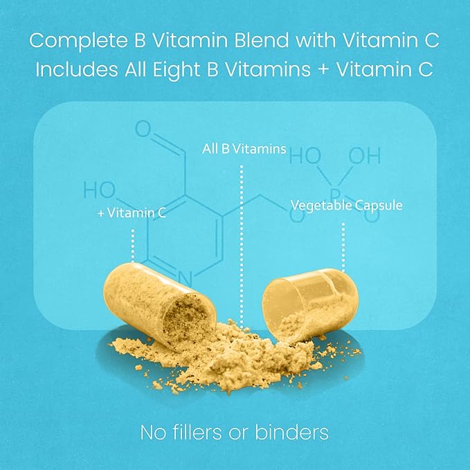 NaturaLife Labs Vitamin B-Complex with Vitamin C – Includes Active B2 (Riboflavin-5-Phosphate), B6 (Pyridoxal-5-Phosphate), B9 (5-MTHF) and B12 (Methylcobalamin); plus B1, B3, B5 and B7 – 100 Capsules
