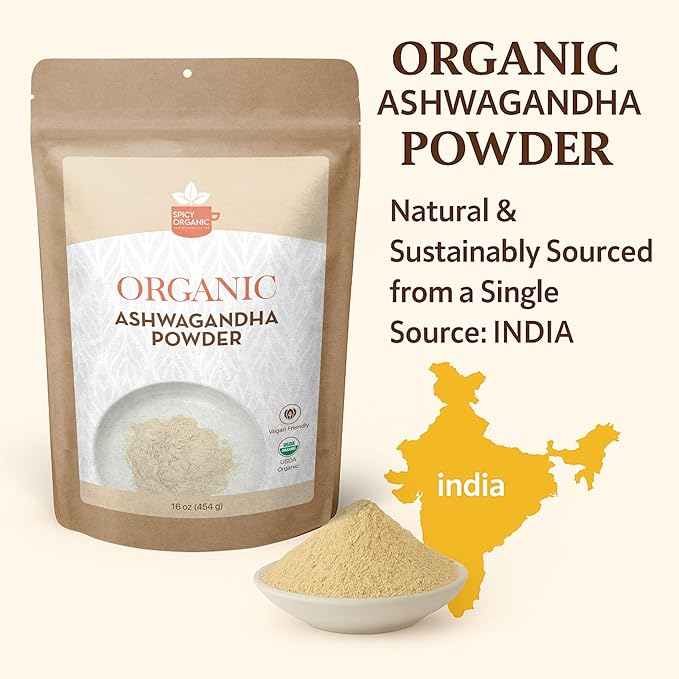 SPICY ORGANIC Organic Ashwagandha Root Powder – 4 oz. - Non-GMO, 100% Raw from India – Indian Ginseng (Withania Somnifera) – Natural Stress Support, Energy & Immune Health