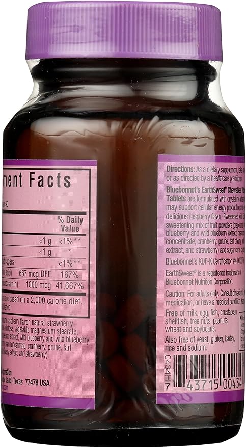 Bluebonnet Nutrition Earth Sweet Vitamin B12 & Folic Acid Chewable Tablets, Soy-Free, Gluten-Free, Raspberry 90 Count (Pack of 1)