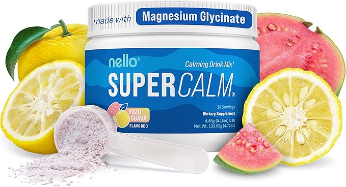 Nello Supercalm Powdered Drink Mix, Yuzu Guava, L Theanine, Ksm-66 Ashwagandha, Magnesium Glycinate, Vitamin D 3, Supplements for Relaxation & Focus, No Sugar, Non GMO, On The Go, 30 Srvgs