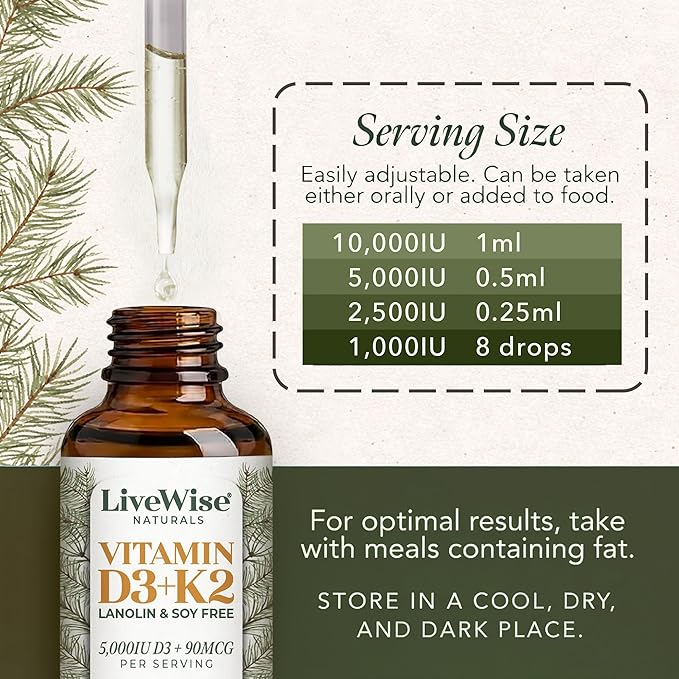 Vegan D3 K2 Vitamin 5000 IU, 90 MCG (MK-7) Drops - 60 Servings, Ultra Concentrated Formulation, and Fast Absorption - Precision Micro-Dosing Dropper for Cognitive & Immune Support