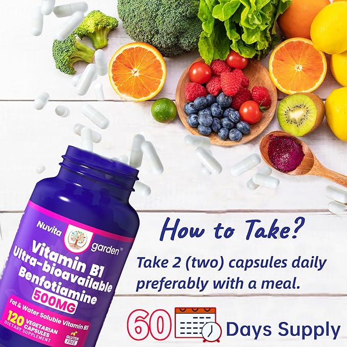 Benfotiamine 500mg + 20mg Vitamin B1, 120 Veggie Capsules, High Potency Fat Soluble Essential Vitamin B1 Thiamine Supplement, Supports Overall Health, Non-GMO, Gluten Free