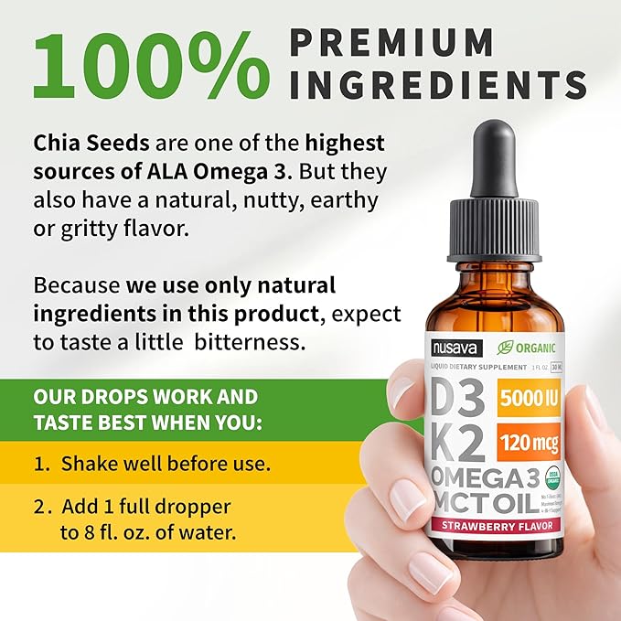 (4 Pack) Organic Vitamin D3 K2 Drops with MCT Oil Omega 3, 5000 IU - Maximum Strength Vitamin D Liquid, No Fillers, Non-GMO Liquid D3 for Faster Absorption and Immune Support (Strawberry, 4 Fl Oz)