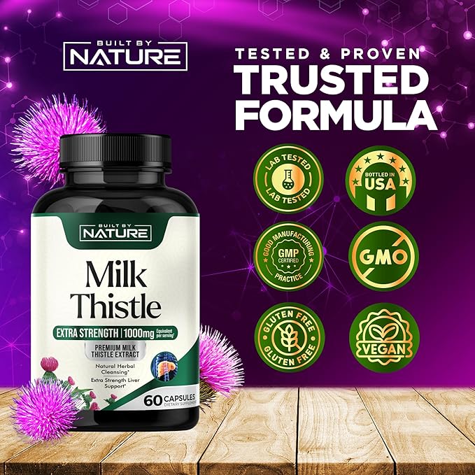 Built by Nature Milk Thistle Liver Detox Supplement with Silymarin Extract & Dandelion Root – Gentle Herbal Liver Cleanse for Men & Women - Liver Health Support - Non-GMO - 60 Veggie Capsules