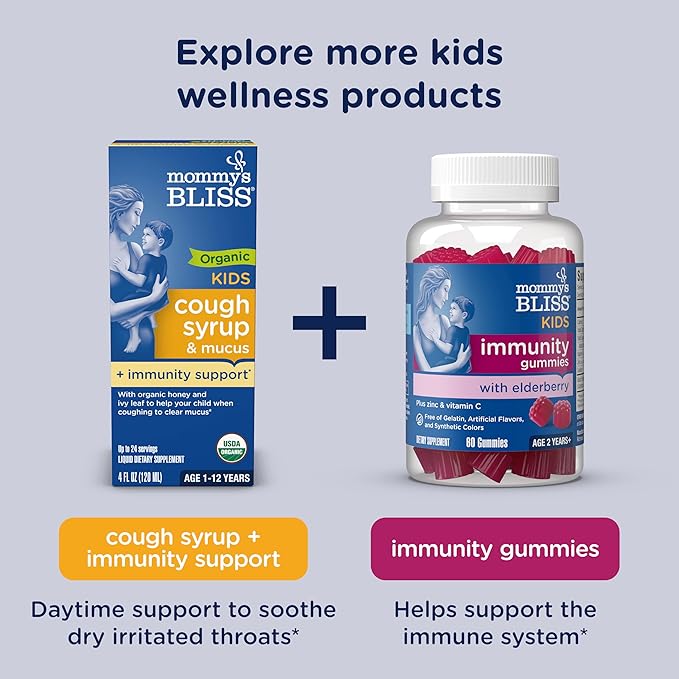 Mommy's Bliss Kids Organic Cough Syrup & Mucus Relief for Night Time, Agave & Honey, Ivy Leaf, Zinc, Vitamin C, Cough Syrup for Kids, +Herbal Nighttime Blend, 4 Fl z