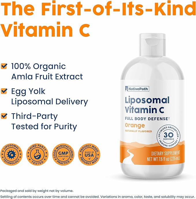NativePath Liposomal Vitamin C 500mg with Amla Extract - High Absorption Immune Support Supplement - Orange Flavor, 30 Servings