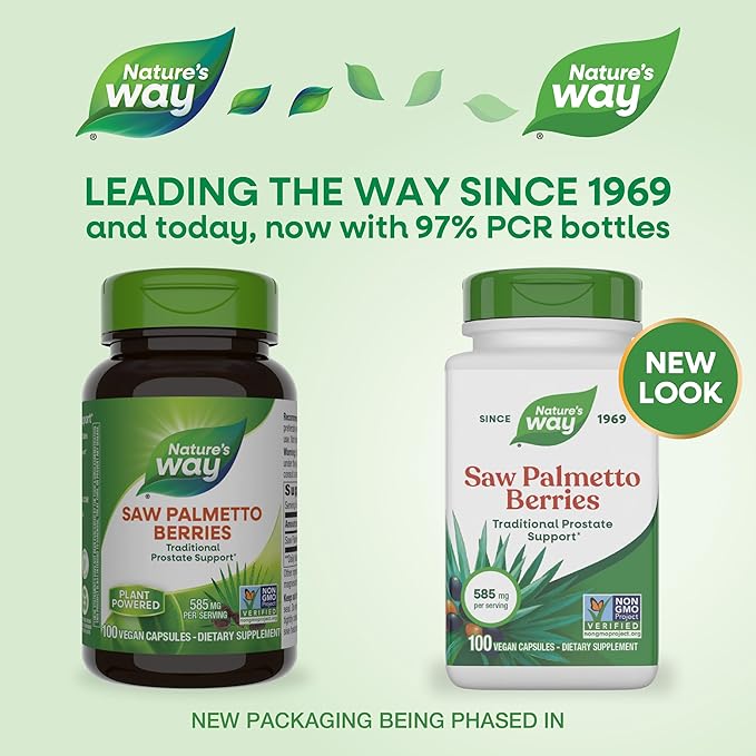 Nature's Way Saw Palmetto Berries, Traditional Prostate Support*, 585 mg per serving, Non-GMO Project Verified, Vegan, 100 Capsules (Packaging May Vary)