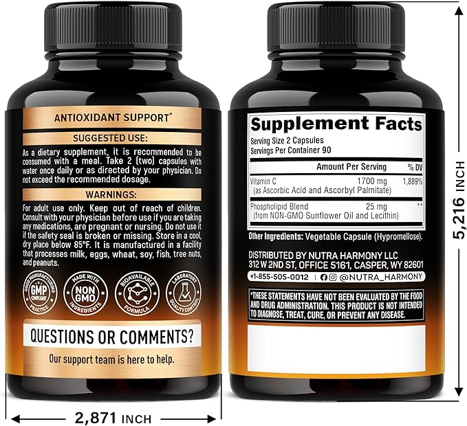 Liposomal Vitamin C 1700 mg - High Absorption Fat Soluble Complex - Antioxidant, Energy Boost & Immune Support - Vitamin C Supplement Made in USA - NON-GMO, SOY-Free & Gentle on Stomach - 180 Capsules